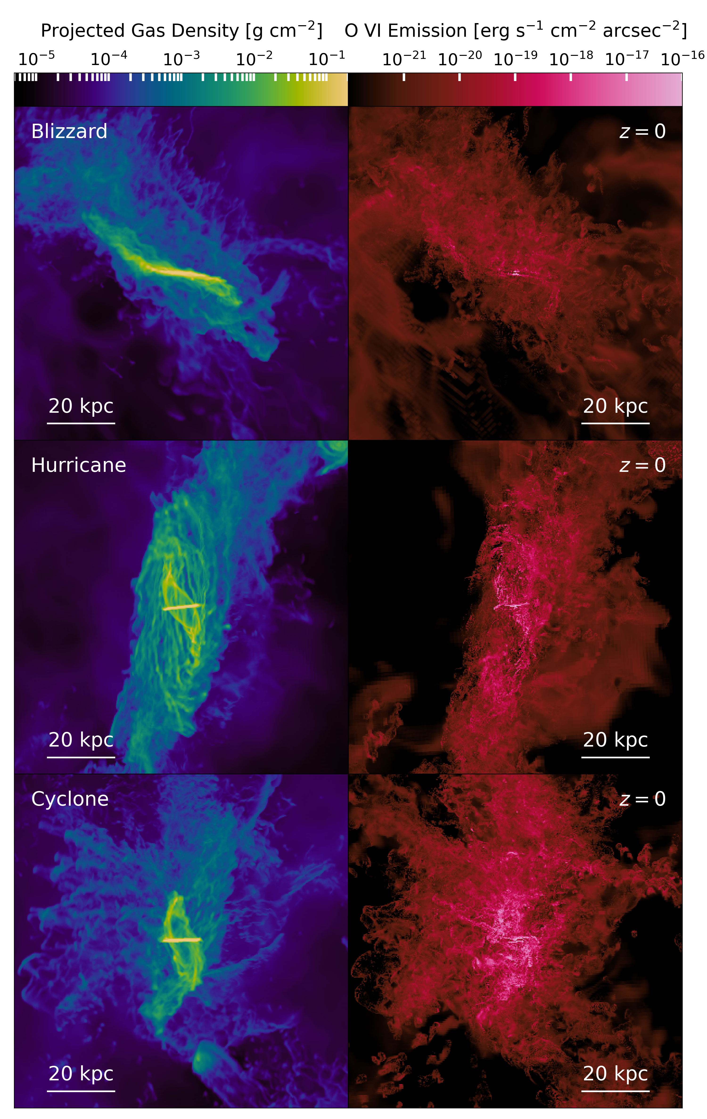 Projections of gas density and O VI surface brightness from three FOGGIE galaxies.